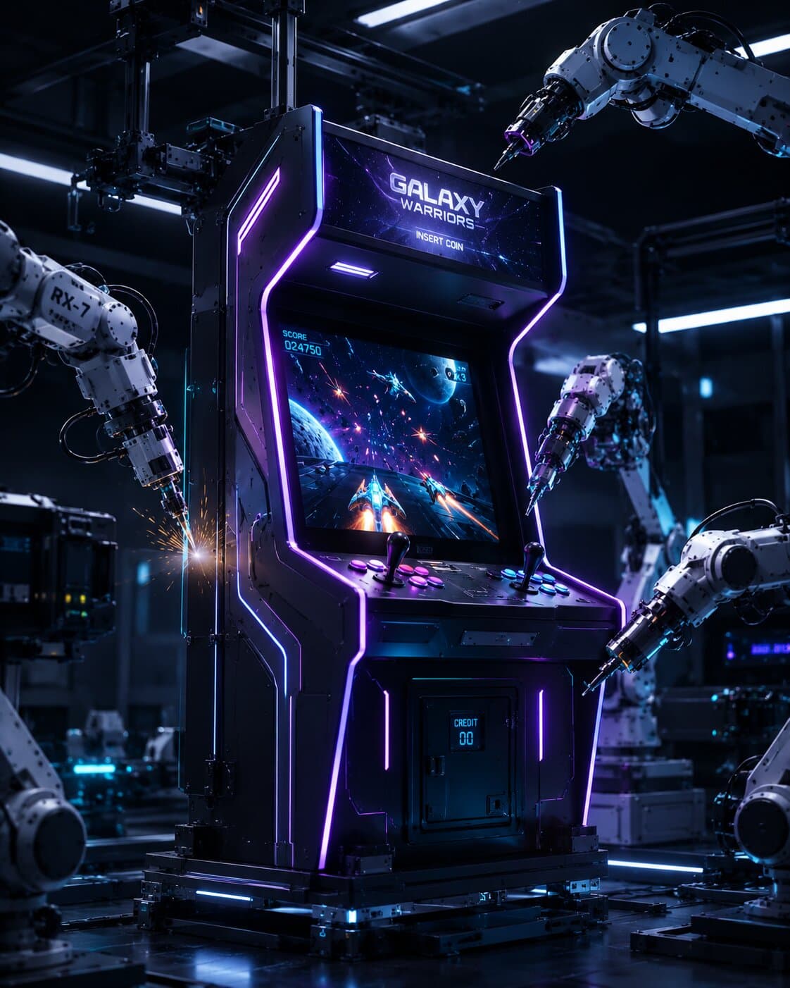 Borne d'arcade FunCore en cours d'assemblage par des bras robots — personnalisation premium